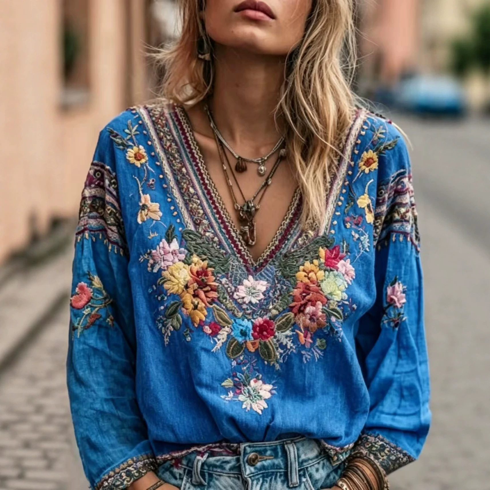 European And American Women's Casual Retro Bohemian V-neck Top Ethnic Style Long Sleeves_ecoleips.com