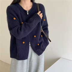 藏青色针织开衫早秋新款上衣女韩系穿搭慵懒时尚洋气毛衣外套女潮