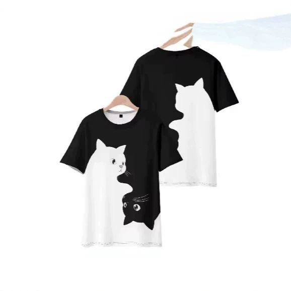Men's Funny Black and White Cat Short Sleeve T-Shirt 3D Printed Retro T-Shirt Outdoor Sports Top Casual Street Style Summer