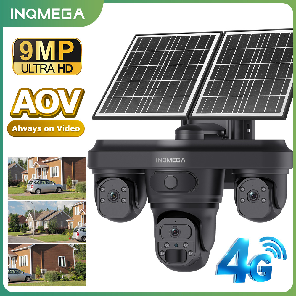 跨境4G太阳能摄像头AOV三目太阳能摄像机三画面监控高清全彩夜视