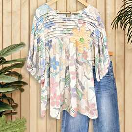 跨境2026外贸欧美女装独立站春夏热销款收褶圆领贴布绣印花衬衣