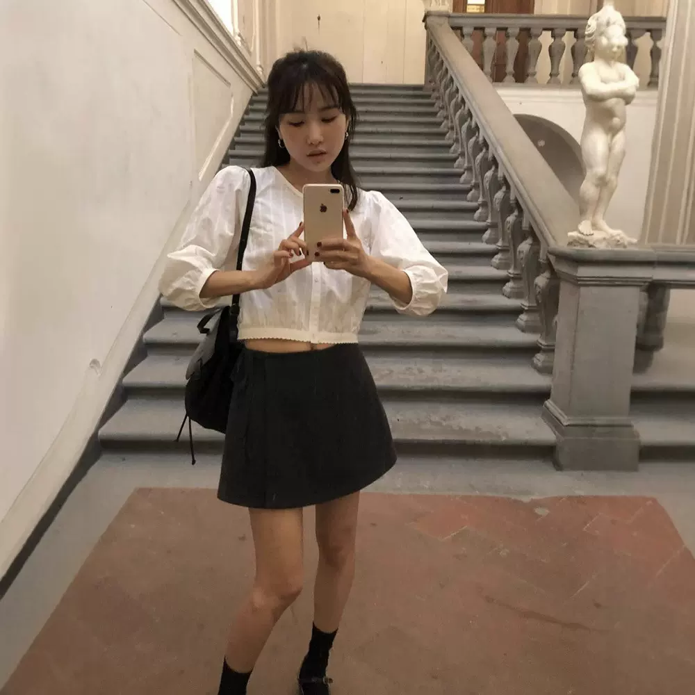 现货 圆领蕾丝边衬衫女式秋款白色上衣七分袖衬衣女款设计感how*s
