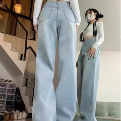 浅蓝色加绒加厚直筒牛仔裤女冬季大码胖mm高腰遮胯梨型身材阔腿裤
