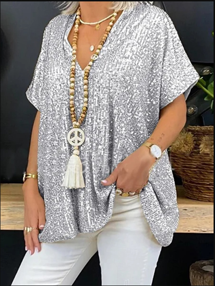 2023 European and American new independent station European and American new loose sequin V-neck short-sleeved casual sequin deep V shirt