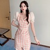 V-neck low cut Plaid stitching slit wrap hip skirt bottom skirt bubble Short Sleeve Dress