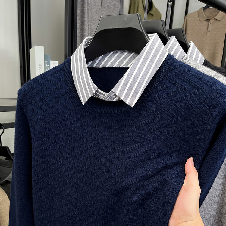 Suéter de hombre con solapa jacquard otoño y invierno viejo dinero falso dos piezas casuales simple fundación de manga larga jersey de punto