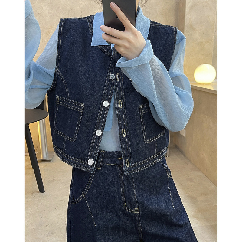 Lu Fu Autum New Fashionable Literary Retro Raw Cow Style Collarless Denim Vest High Waist Short Sleeveless Vest for Women