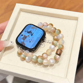 适用于华为小米苹果Applewatch11手表带iwatch1098SE奶茶色猫眼石