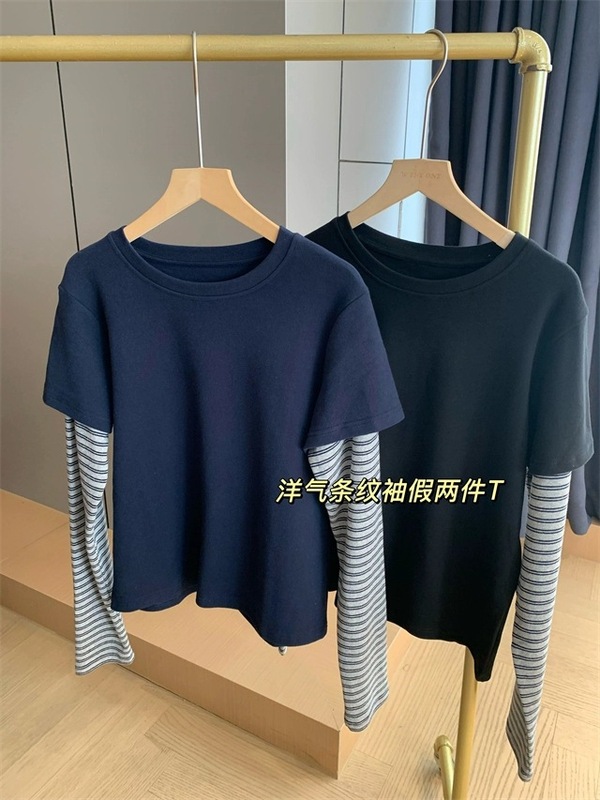 俏皮减龄假两件条纹长袖拼接棉感软糯磨毛圆领T恤女2025秋打底衫|undefined