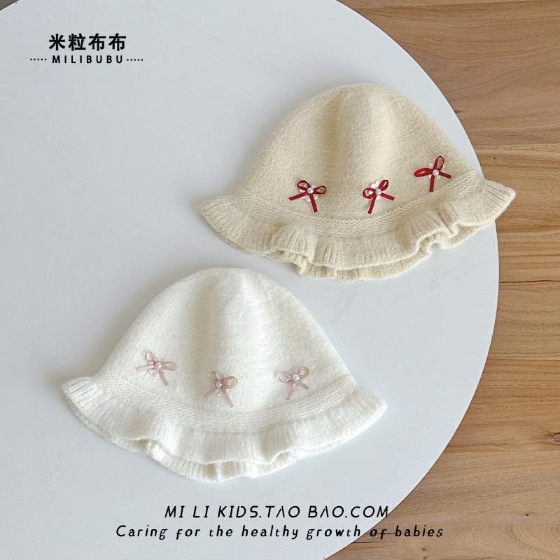 婴儿帽子秋冬季甜美女孩公主帽女宝宝蝴蝶结渔夫帽女童针织毛线帽|undefined