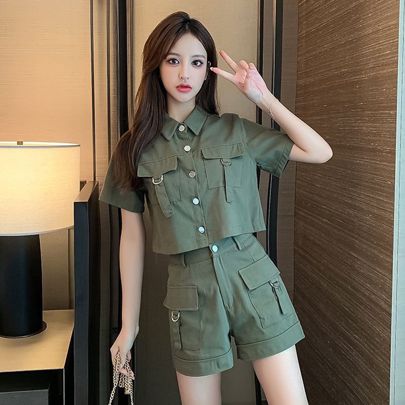 Fashion Two-Piece Set Trendy Influencer Women's Summer Outfit Petite Cargo Wide-Leg Shorts Sports Suit