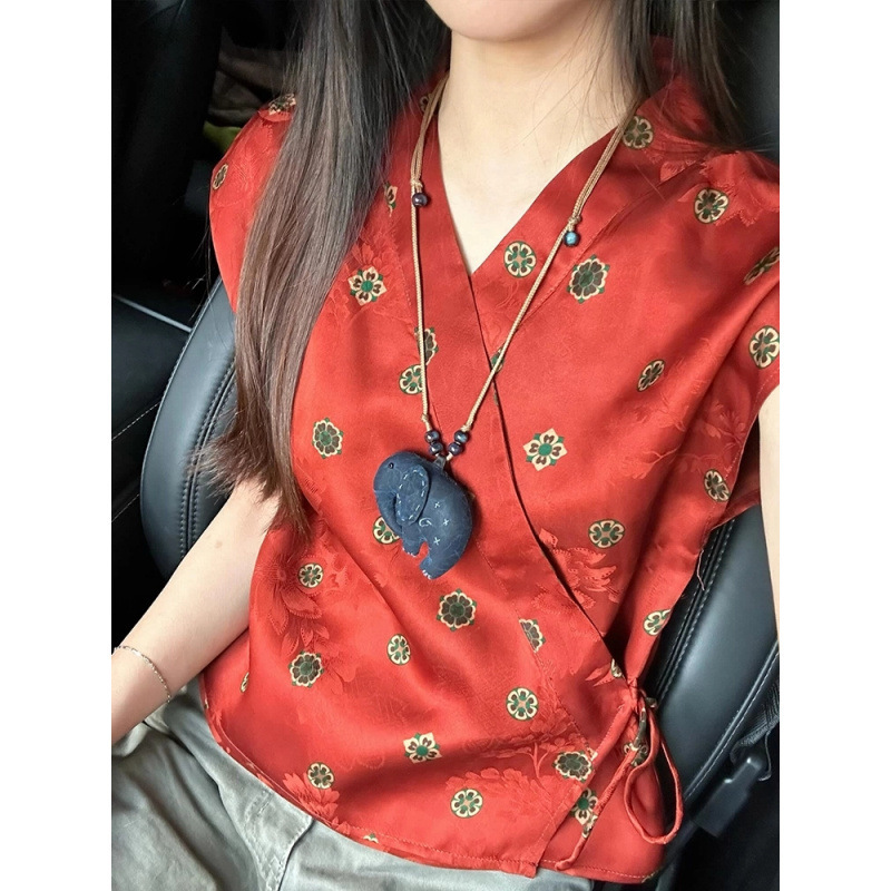 2025 Summer Red Jacquard Shirt Mo Ge Yuyuan Chuang Chic Unique Beautiful National Style Lace-Up Waist Han Dynasty Top