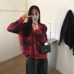 经典复古红色格子毛衣外套女秋冬氛围感针织开衫软糯百搭新款女装