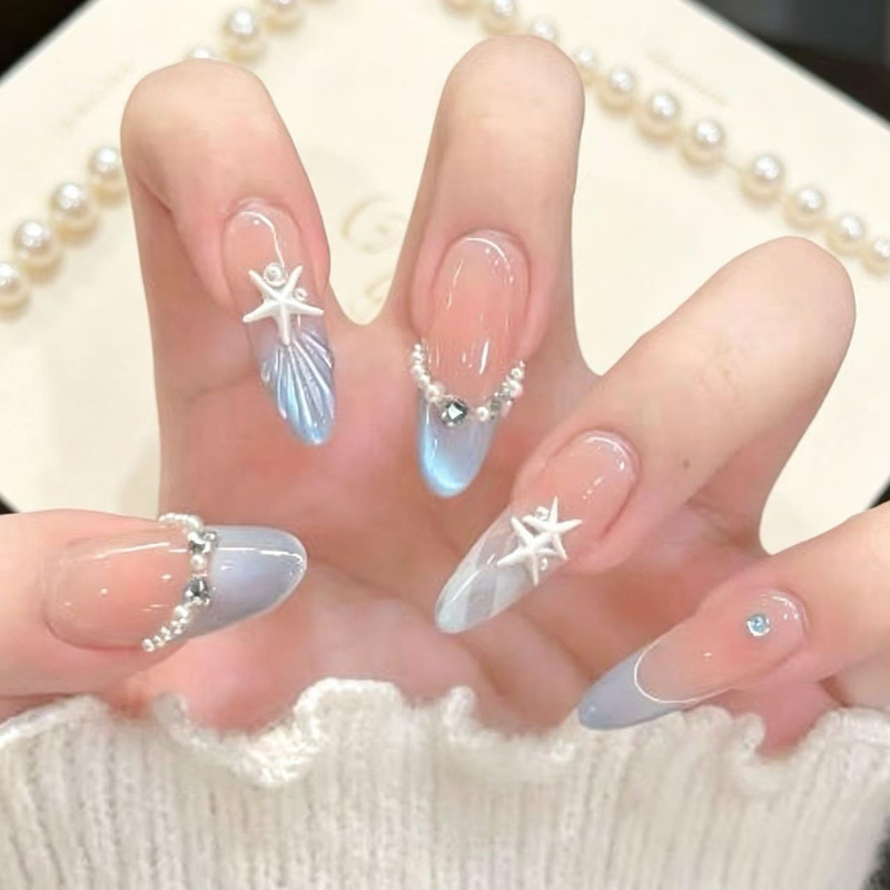 Summer New Style Milk Blue Gradient Cat-Eye Wearable Nails, Gentle Style Sweet Girl Bow with Rhinestones, Handmade Nail Art, Removable