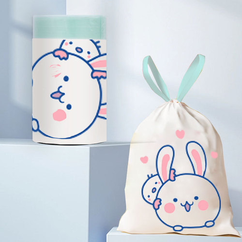 Cartoon pattern drawstring trash bag, white dot, break-open style, household thickened automatic closure disposable plastic bag, customized