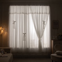 白色雙層綉花簾頭免打孔魔術貼自粘簡易安裝成品半遮光卧室飄窗簾