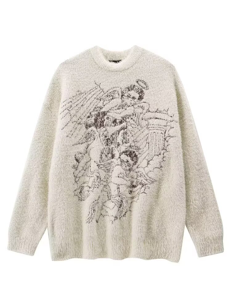 Herren Oversized Gothic Angel Strickpullover Warmes Fleece_voghion.com