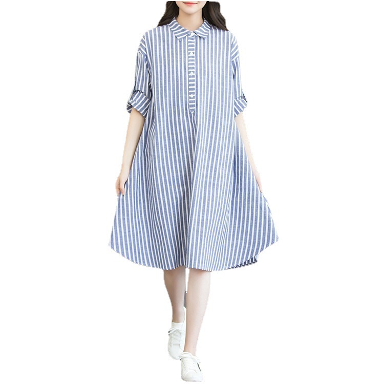 Women's Plus Size Mid-Length Vertical Striped Shirt Cotton Linen Maternity Dress Shirt Dress 100kg