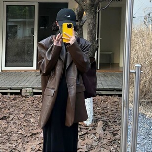 2025 Spring and Autumn New Korean Style Fashion American Retro High-End Leather Suit Fashionable Black Leather Jacket Women's Trendy