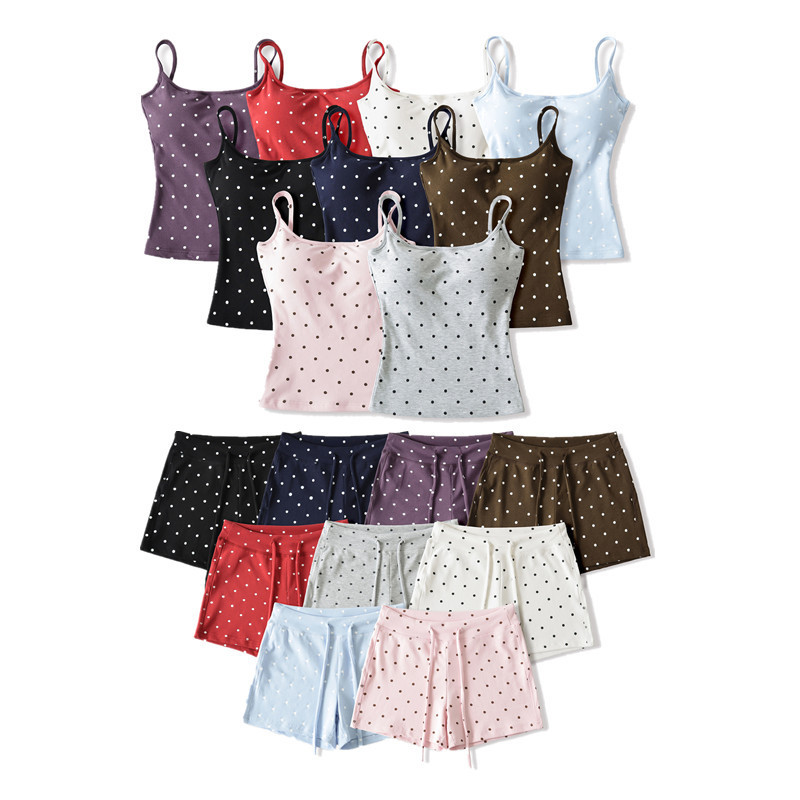 Pure Desire Camisole with Chest Pads, Sleeveless Top Paired with Drawstring Shorts, Slim-Fit Polka Dot Set for Women Pure Desire Camisole with Chest Pads, Sleeveless Top Paired with Drawstring Shorts, Slim-Fit Polka Dot Set for Women