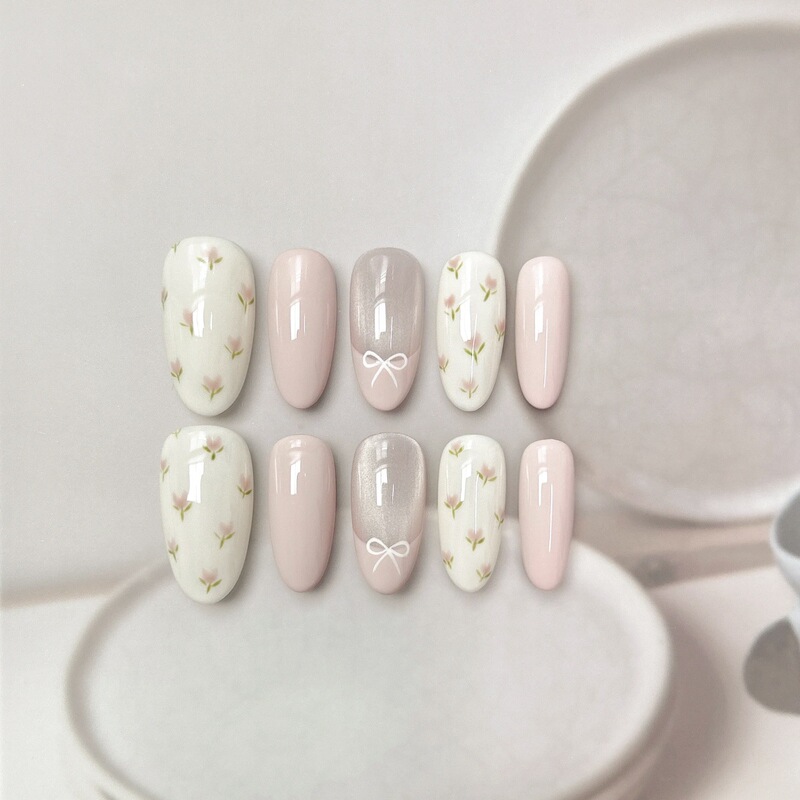 French-Style Floral Spring New Bowknot Floral Elegant Manicure Handmade Pure Desire Style Detachable Advanced Brightening
