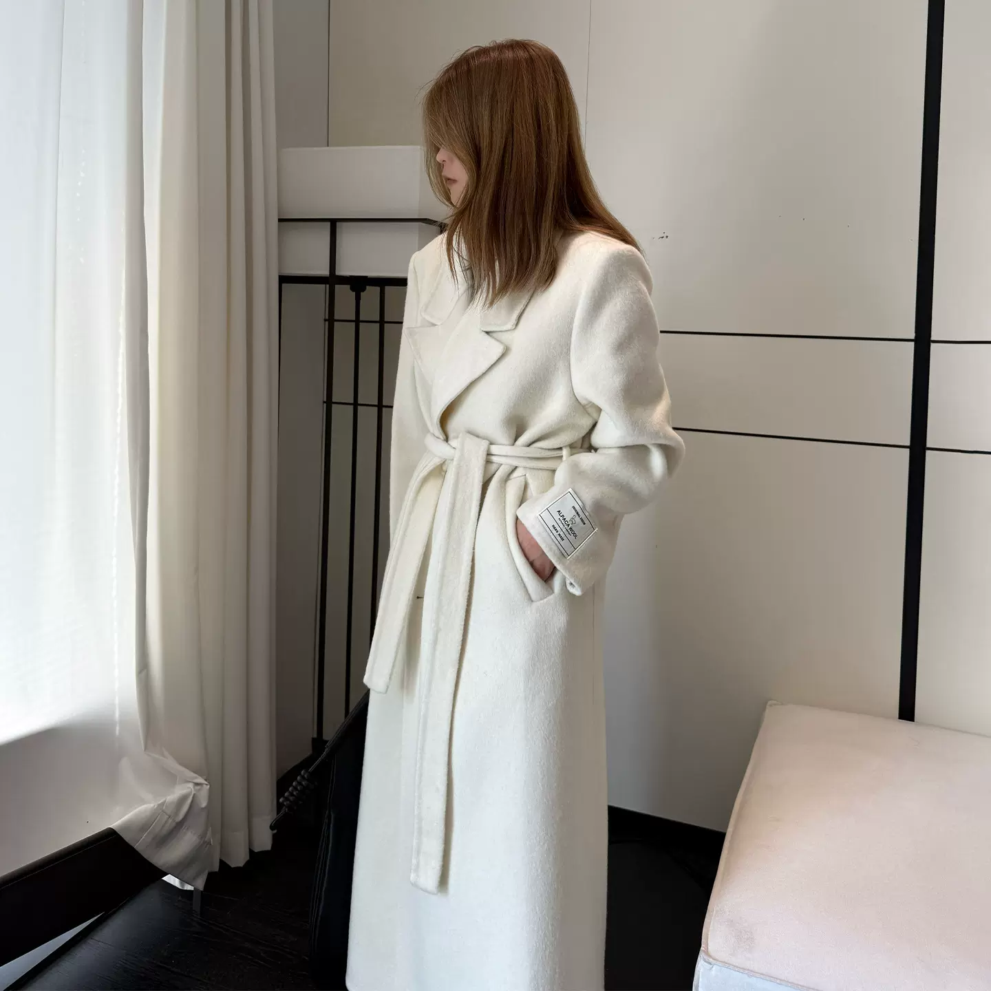 秋冬新款正肩加长西装领加长款羊毛双面呢大衣女高级感赫本风系带