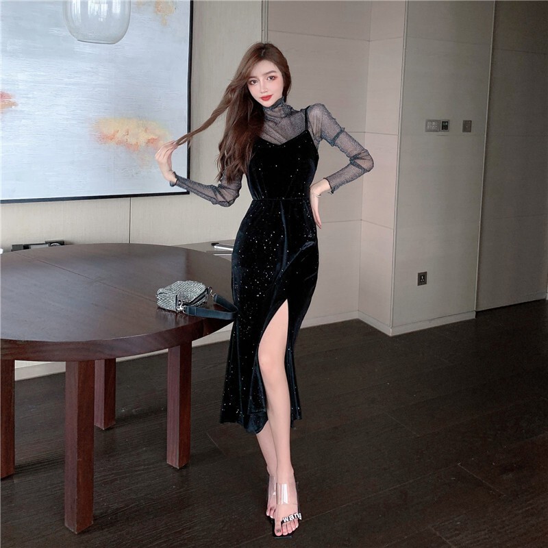 Party birthday fashion bottoming suit cross-border women's clothing new shiny mesh top + sling long dress