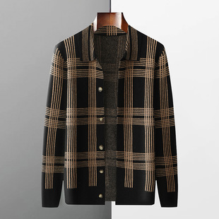 2024 New Plaid Knitted Cardigan Sweater Men's Spring and Autumn Jacket Men's Loose Casual Long-sleeved Knitted Sweater Sweater