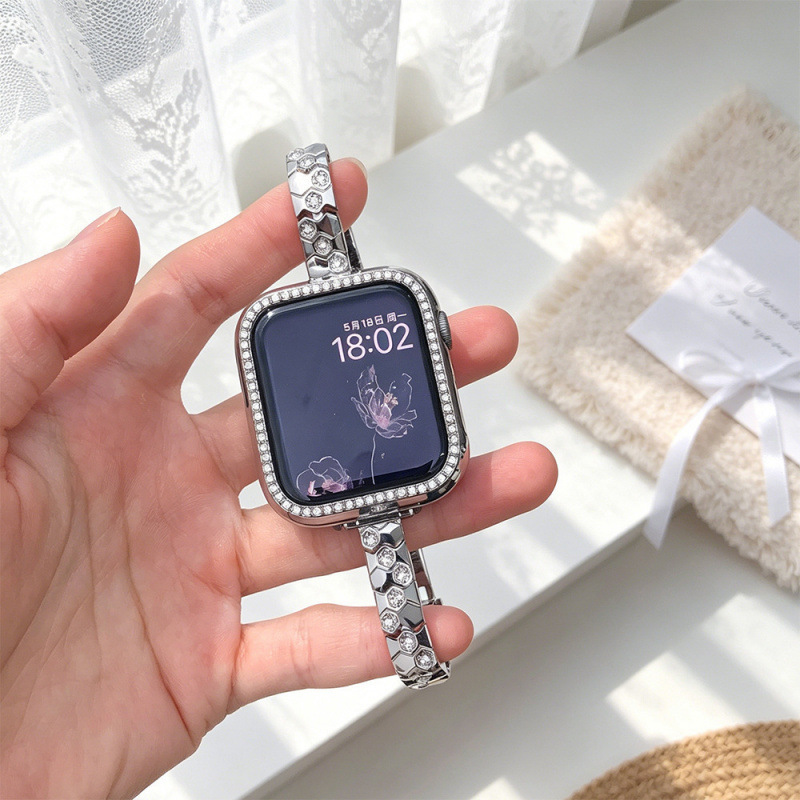 Suitable for Applewatch9S8 Generation Apple Watch Se10/11 Butterfly Buckle Honeycomb Diamond-Encrusted Metal Watch Strap Chain