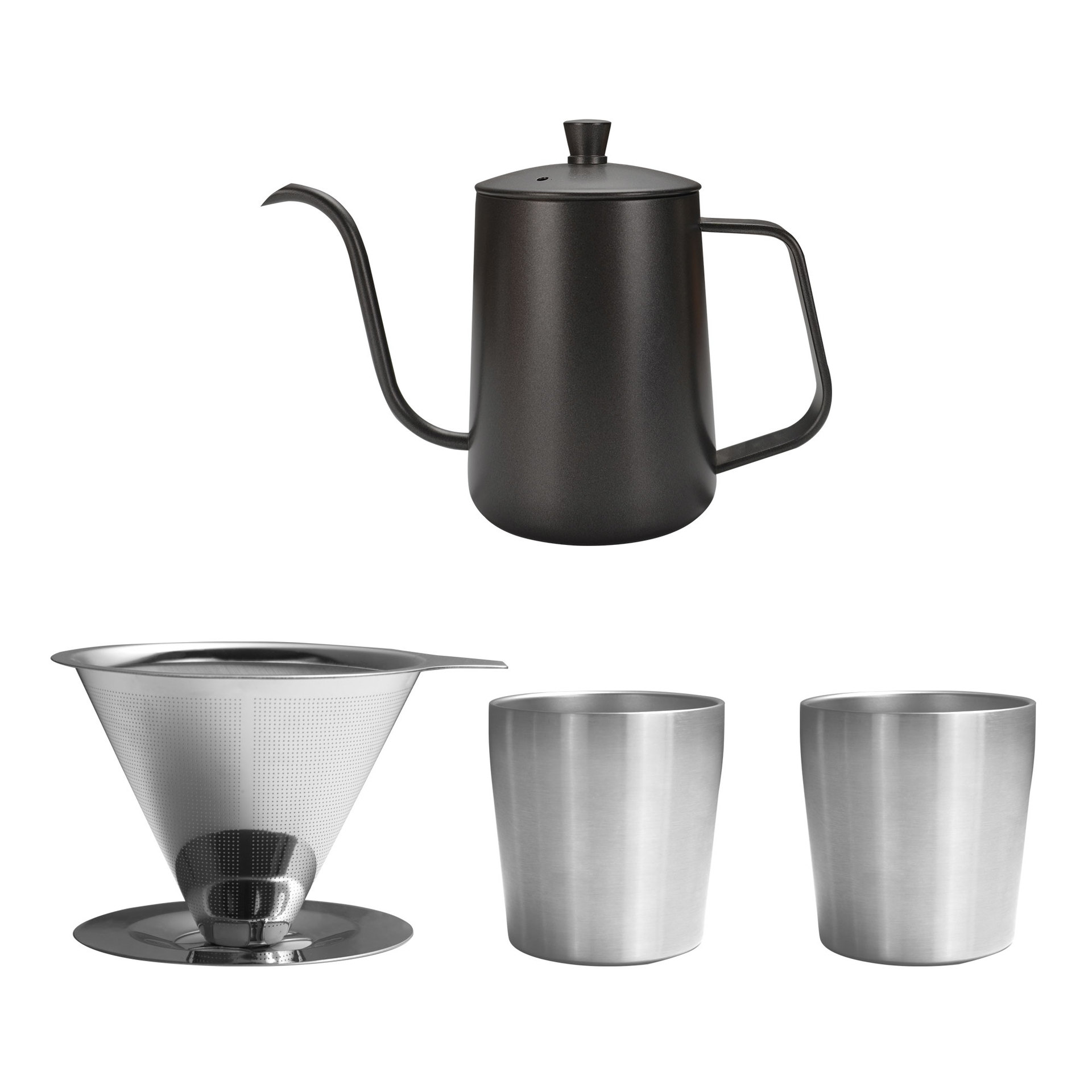 24 años nuevo juego de café de mano de acero inoxidable para viajes al aire libre caja de regalo de cuatro piezas juego de cafetera de mano