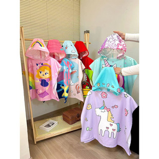 Children's Cartoon Printed Hooded Bathrobe Summer Swimming Quick-Drying Wearable Bath Towel Cloak Girls Beach Towel Trendy
