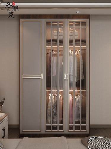 3WKF批发新中式家用衣柜带玻璃门实木简约衣橱到顶整体衣帽间
