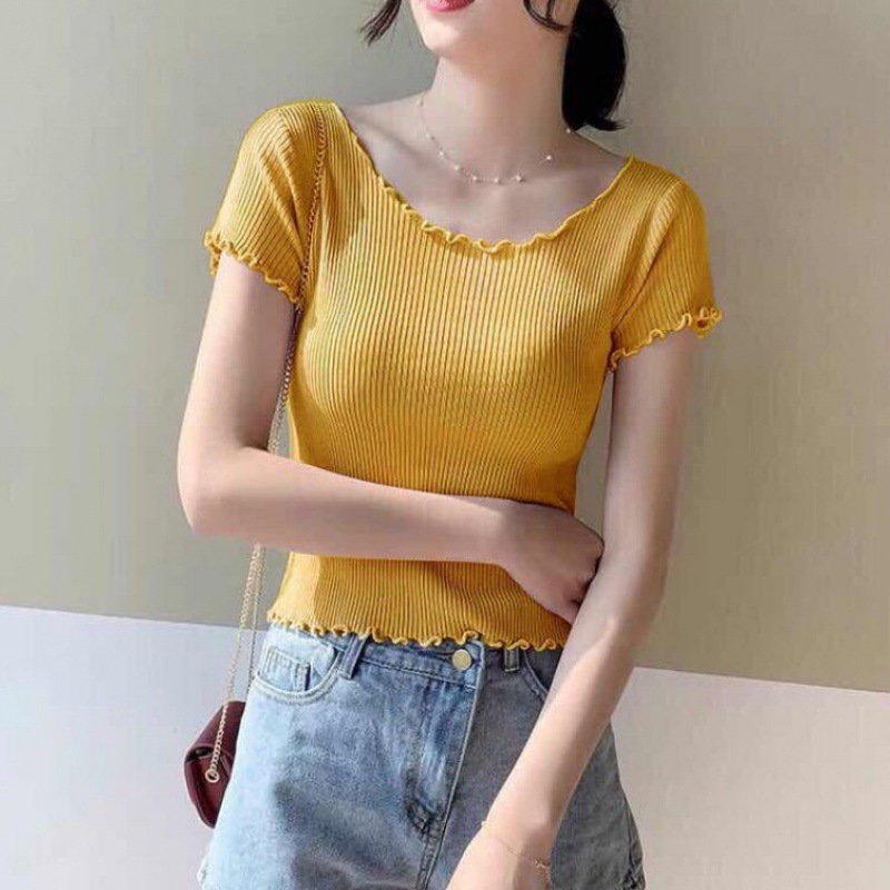 Verano camiseta de hielo de manga corta de punto de tela delgada de la mujer de cintura alta cintura corta ombligo de la clavícula delgada