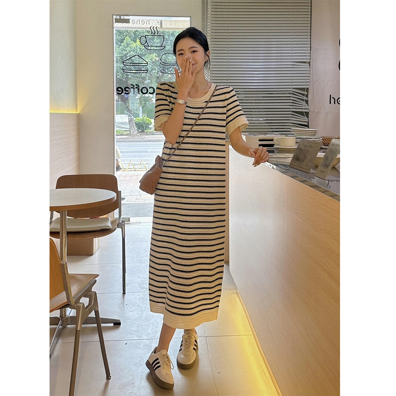 Spring and Summer Ice Silk Water Ripple Hollow Pullover Knitted Dress New Large Size Loose Casual Striped Contrast Long Skirt Spring and Summer Ice Silk Water Ripple Hollow Pullover Knitted Dress New Large Size Loose Casual Striped Contrast Long Skirt