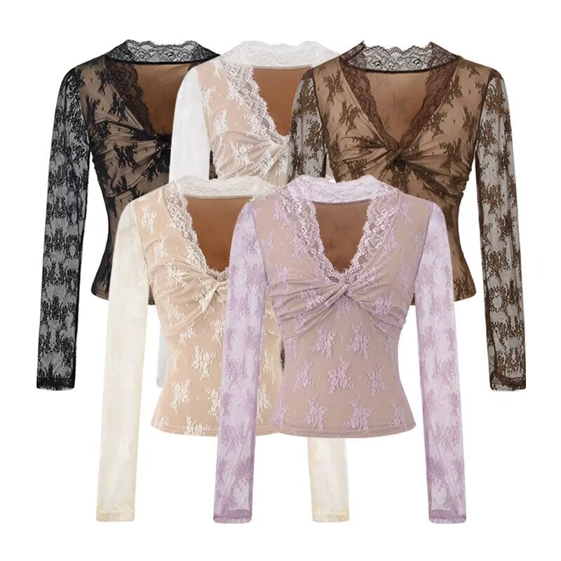 European and American Sexy Hot Girl Style Deep V Neck Full Lace Bottoming Shirt with Pleated Chest and Slim Fit Short Top, Versatile