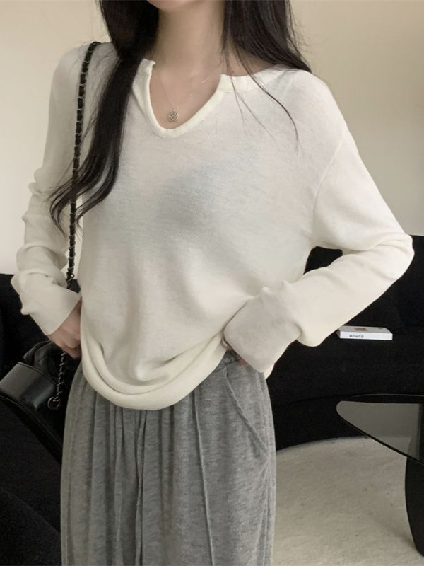 小香风灰色长袖V领T恤女秋冬季甜美显瘦打底衫宽松百搭针织衫上衣|undefined