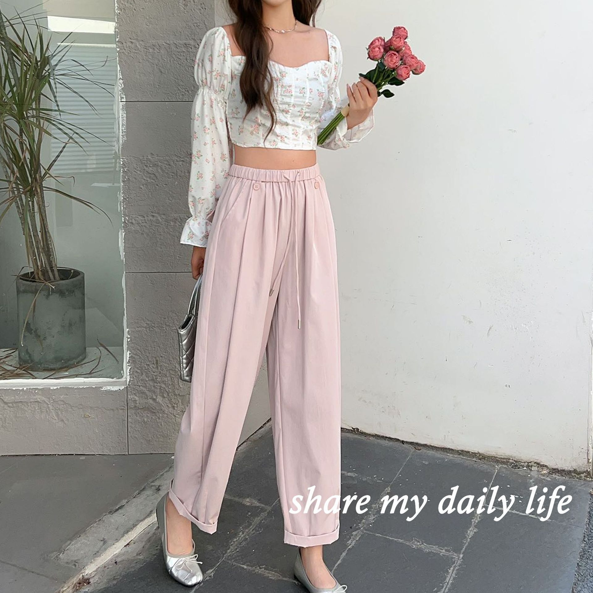 速干阔腿老爹裤褶皱春夏女薄款抽绳休闲纸片裤日常宽松纽扣休闲裤