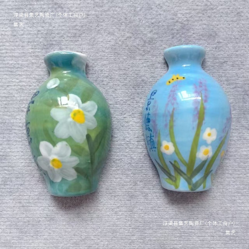 景德镇纯手工陶瓷冰箱贴花瓶款特色潮流磁吸原产地手绘冰箱贴|undefined
