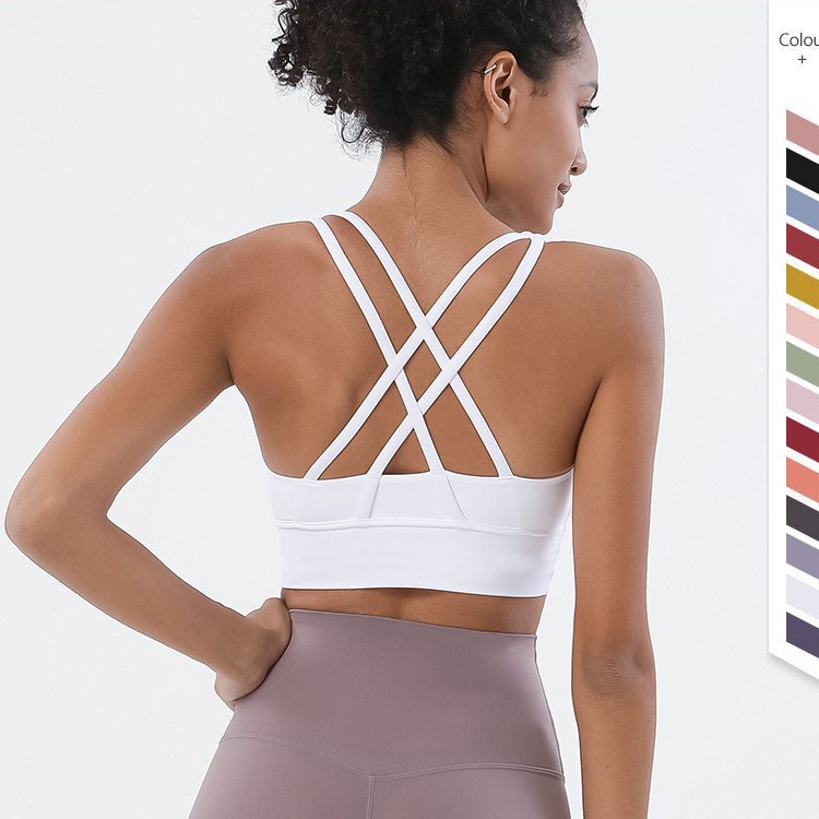 Lulu Double-Sided Brushed Cross-Back Sports Bra Shockproof Gathering Yoga Bra Fitness Tank Top with High Elasticity Support