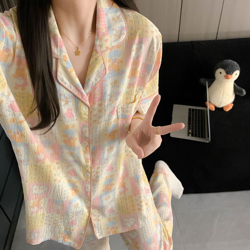 Three-Piece Summer Pajamas Set for Women, Short-Sleeved, Thin, Cute, Spring and Autumn, Cloud Cotton, Sweet Student Home Wear Set