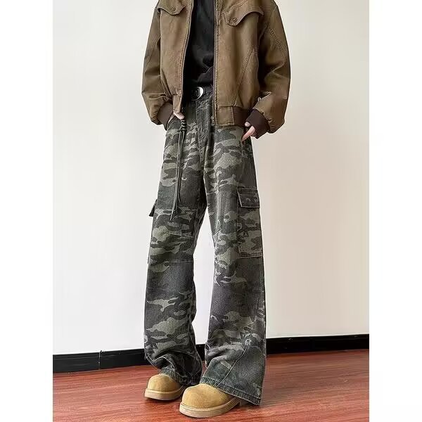 Vintage jeans de cintura alta de mujeres primavera y otoño diseño de camuflaje nicho pantalones largos rectos sueltos pantalones de piernas anchas