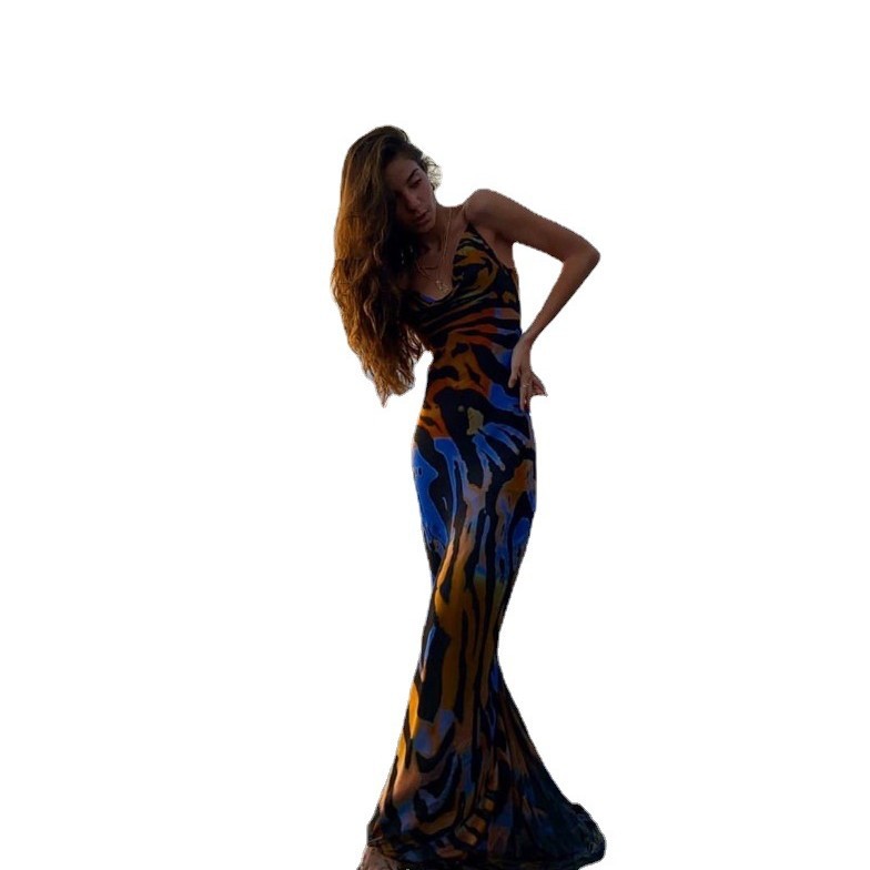 Summer New Fashion Sexy Printed Backless Sling Dress