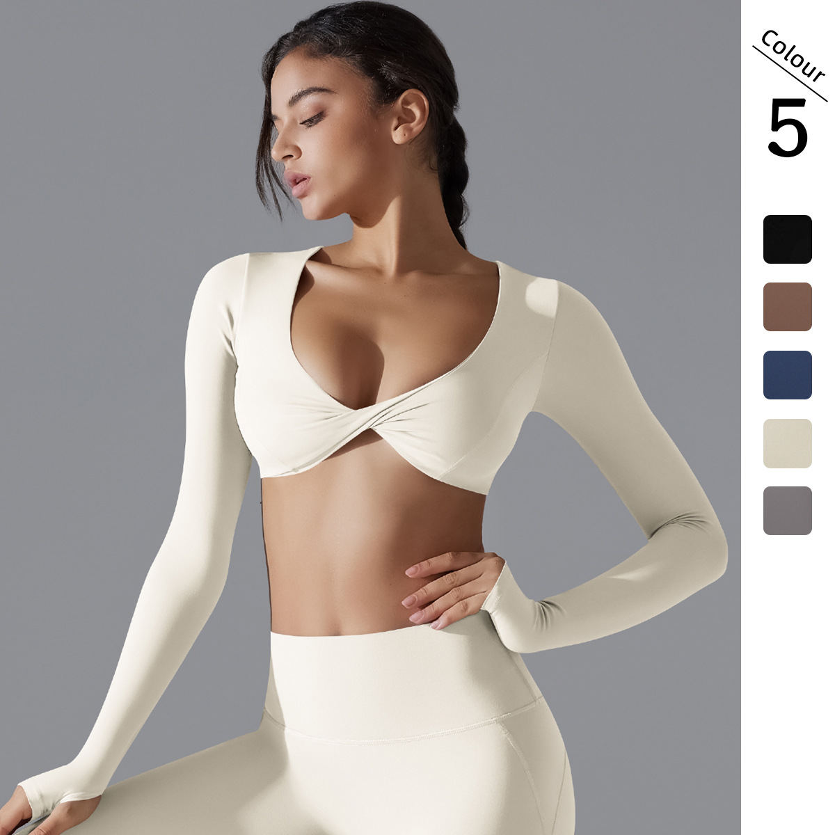 Nuevo deportivo de mangas largas ropa de fitness de cuello en V profundo delgado respirado insoles de viento umbilical ropa de yoga al aire libre chaqueta corta
