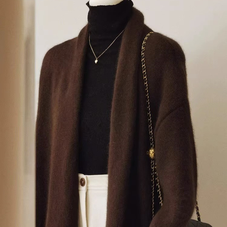 [퍼플 스타] 24 가을 · 겨울 사계절 녹색 단순 한국 고급 다크 브라운 긴 니트 카디건 여자 가을 · 겨울 게으른 스타일