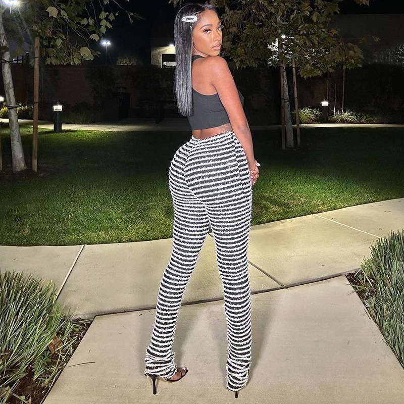 YY22342 Knitted striped sexy slim-fit pants for women, European and American spring fashion high-waisted and hip-lifting casual pants for hot girls pic 30