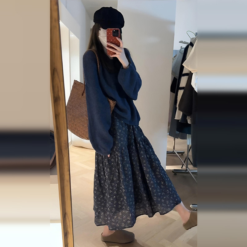 秋冬女2025新款针织毛衣碎花半身裙子过年韩系感穿搭一整套装|undefined