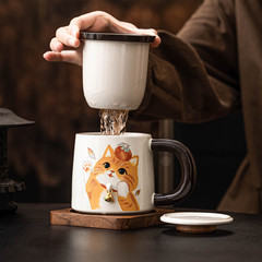创意铃铛猫茶水分离杯子家用陶瓷马克杯带盖办公室过滤泡茶杯水杯
