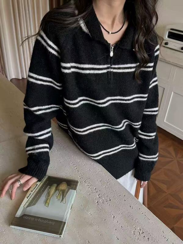 韩系polo领条纹套头毛衣女秋冬宽松翻领半拉链软糯减龄针织衫上衣|undefined