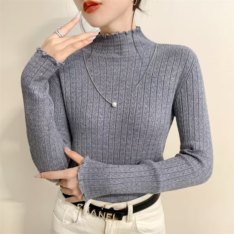 半高领打底衫女中领打底毛衣冬季内搭减龄纯色洋气木耳边针织上衣