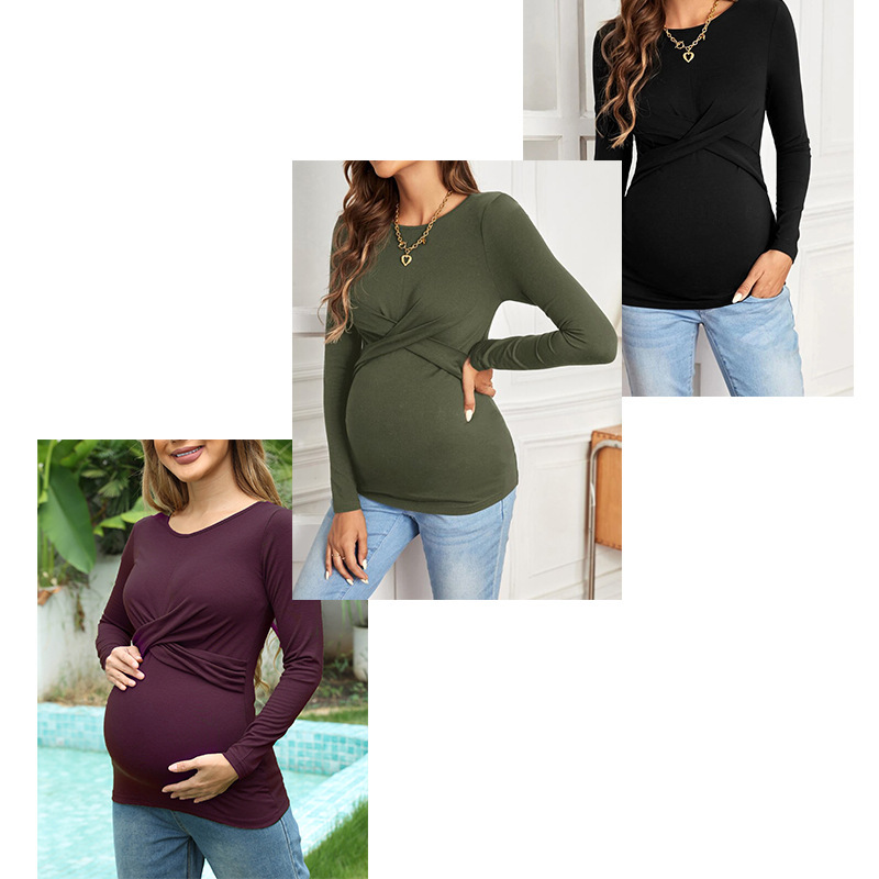 Factory Direct in stock cross-border supply long sleeve round neck T-shirt maternity clothes solid color cross strap fashion pregnancy gift